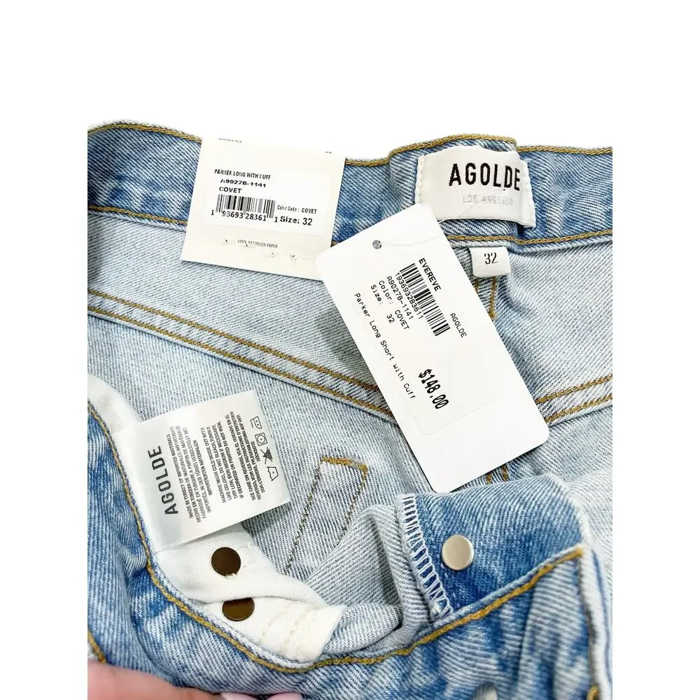 Agolde Parker Long with Cuff Denim Shorts Covet Blue Sz 32 New